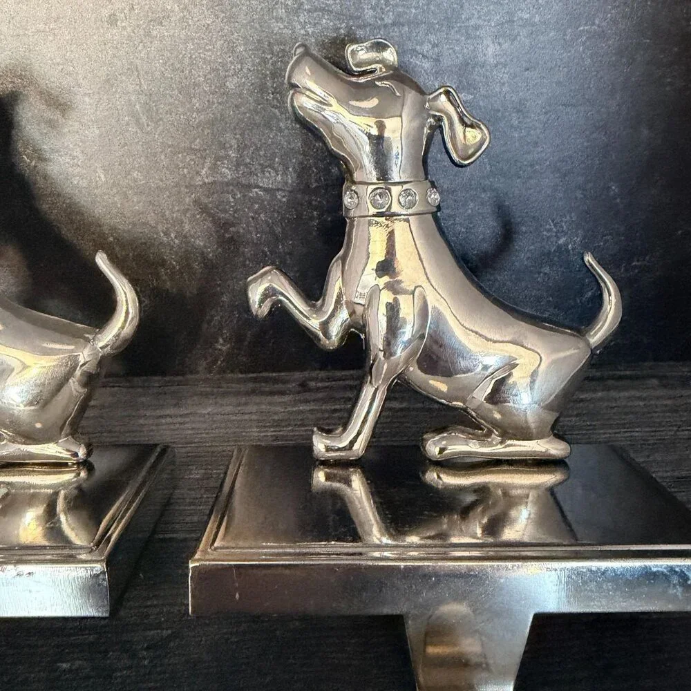 Vintage Pottery Barn Dog Stocking Holders Silver Rhinestone‎ Collars Set of 2
